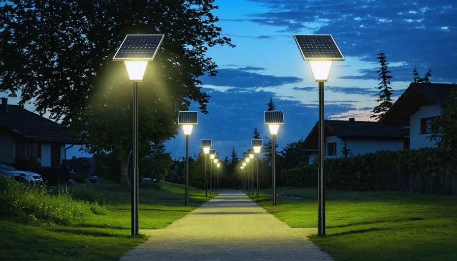 Modern solar street lights lighting up a residential pathway during sunset