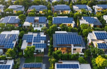 A vibrant neighborhood highlighted by a large shared solar panel installation, with community members interacting, surrounded by lush greenery and modern energy-efficient lighting, symbolizing the transformation of energy use through community solar projects.