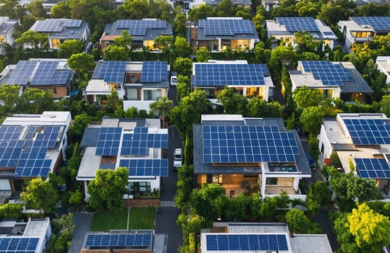 A vibrant neighborhood highlighted by a large shared solar panel installation, with community members interacting, surrounded by lush greenery and modern energy-efficient lighting, symbolizing the transformation of energy use through community solar projects.