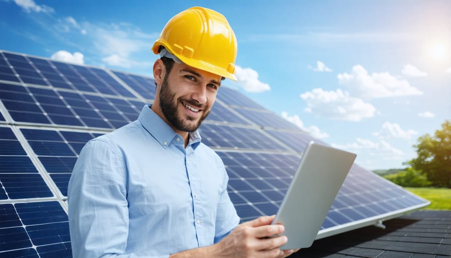 Marketing professional analyzing solar energy campaign metrics on multiple screens