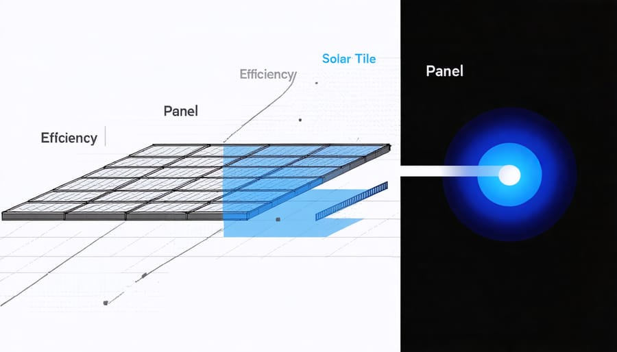 Technical diagram showing energy conversion efficiency differences between solar tiles and traditional panels