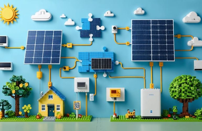 Conceptual illustration of solar panels, battery storage systems, and smart home devices interconnected through standardized interfaces, symbolizing interoperability and compatibility across different brands.