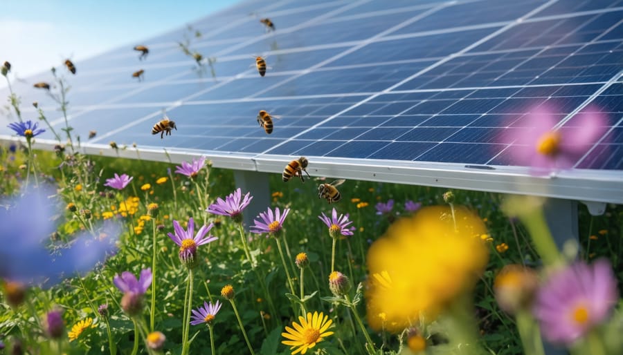 Pollinator-friendly wildflowers growing beneath solar panels with bees collecting nectar