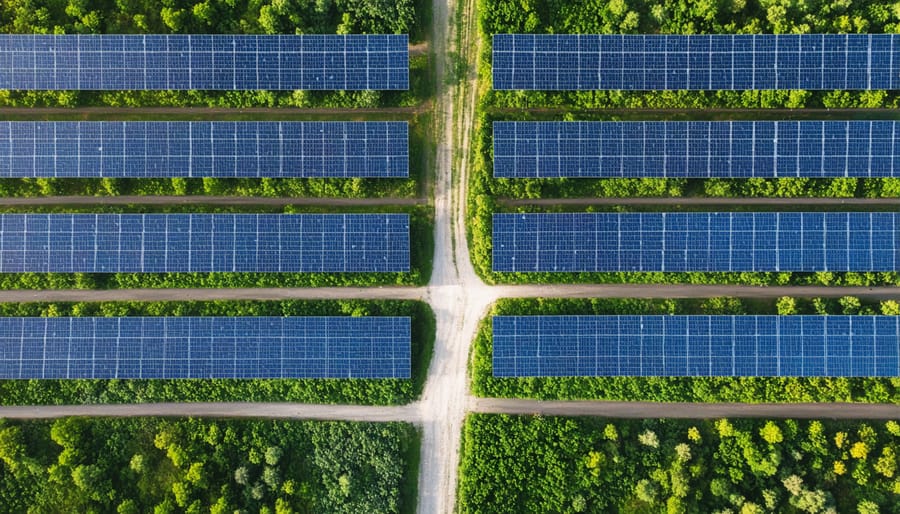Solar farm installation showing green corridors between solar panels where wildlife can move freely