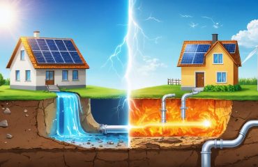Illustrated scene showing a modern home equipped with solar panels against a bright sky, alongside underground geothermal pipes, highlighting the combination of solar and geothermal energy systems.