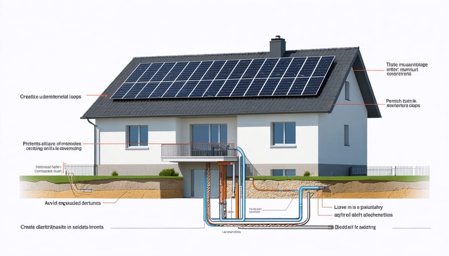 Cross-section illustration of a house with rooftop solar panels connected to a geothermal ground loop system