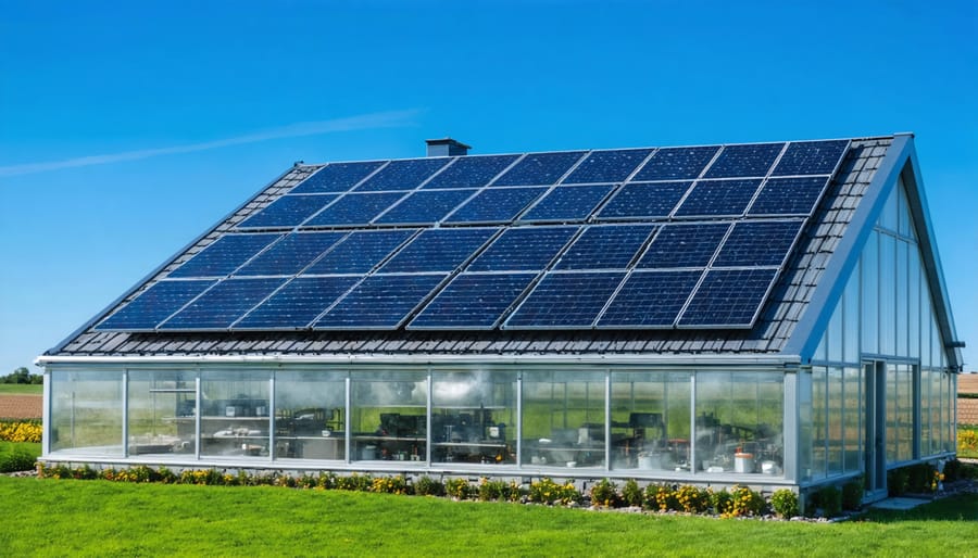 Modern greenhouse with integrated solar panels connected to geothermal heating equipment