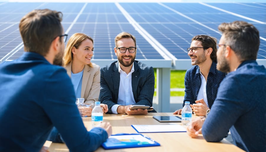 Group of professionals networking at a solar industry conference
