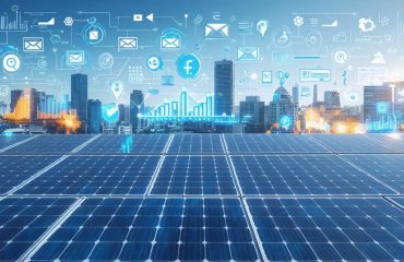 "Collage of solar panels and digital marketing symbols set against a cityscape, representing the integration of technology and sustainability in solar marketing."