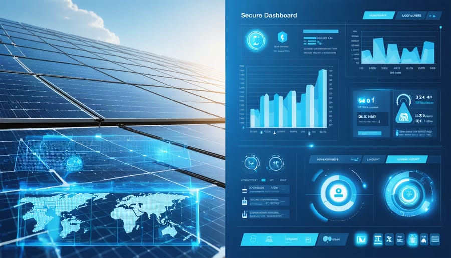 Solar system monitoring interface displaying real-time performance data and security status