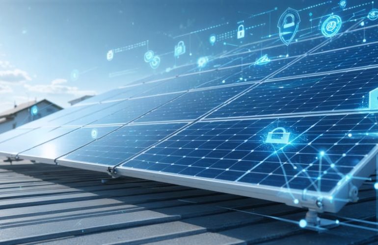Conceptual illustration showing a home solar system integrated with a digital network, featuring connections and cybersecurity symbols such as locks and shields to represent protected energy data.