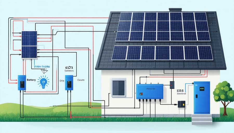 Infographic showing energy flow management between solar panels, batteries, and home power system