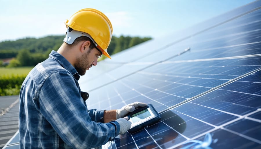 Professional solar installer using diagnostic tools to check solar panel quality