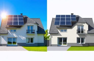 A split-image showcasing two homes; one with visible traditional solar panels on the roof and the other with integrated, subtly-designed solar tiles, both harnessing solar power.