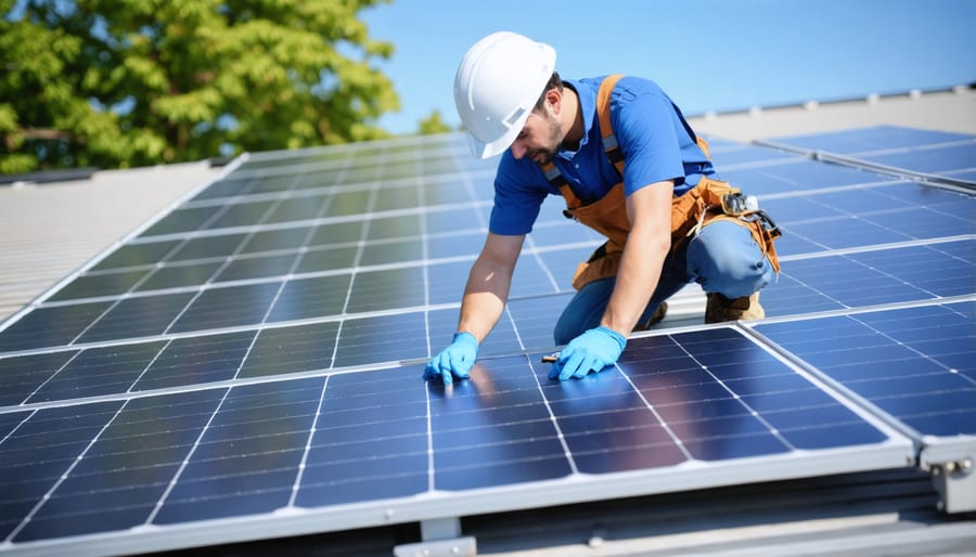Licensed solar technician conducting maintenance check on residential solar installation