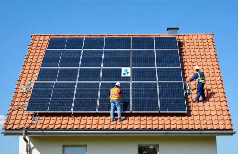A residential house with a certified solar panel system being inspected by a solar technician, featuring visible UL and IEC certification labels, symbolizing compliance with safety standards and optimal energy performance.