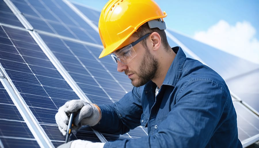 Certified technician programming security protocols on residential solar equipment