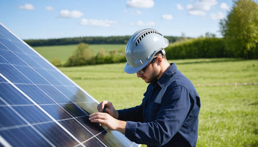 Professional conducting solar site assessment with measurement equipment