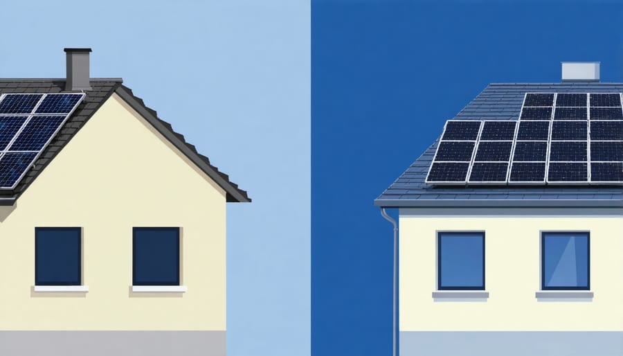 Split image showing two identical houses - one with visible solar panels and one with integrated solar tiles