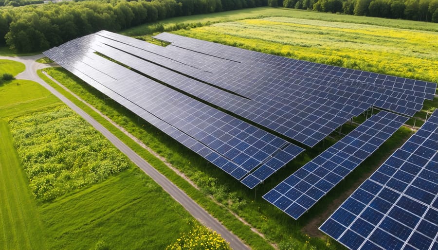 Solar panel installation with native plants and wildlife pathways between panels