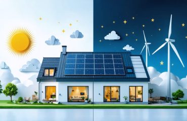 Illustration showing a smart home powered by a hybrid system of solar panels capturing sunlight during the day and wind turbines harnessing wind at night, demonstrating continuous energy generation.