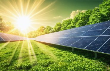 Split-view illustration depicting solar energy powering natural processes such as photosynthesis alongside solar panels converting sunlight into electricity, symbolizing the connection between nature and technology.