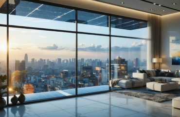 Interior of a contemporary apartment showcasing bifacial solar panels mounted behind large windows, capturing sunlight and city views reflected in the glass, illustrating the blend of solar technology and modern urban living.