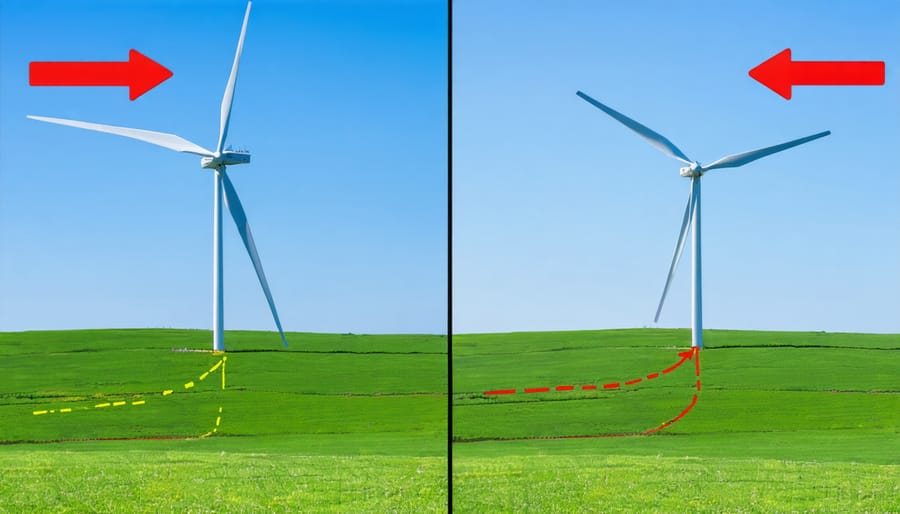 Comparison of suitable and unsuitable wind turbine locations showing terrain and obstacles