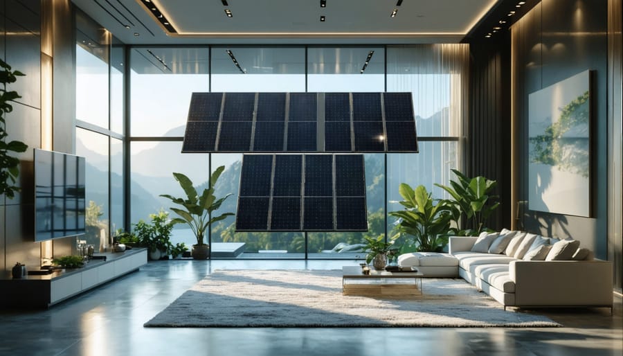Bifacial solar panels installed behind residential windows in a contemporary living space