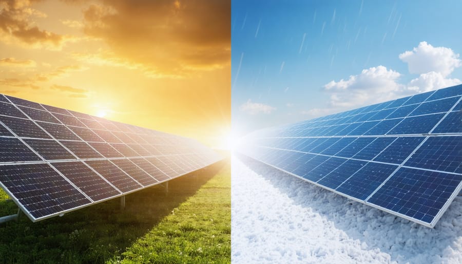 Side-by-side comparison of solar panels in sunny conditions and snow-covered panels with active geothermal system