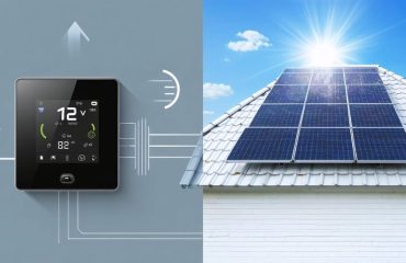 A conceptual illustration showing a split-screen design. The left side features a digital interface of a 12V smart thermostat, while the right side shows solar panels under a bright sun, depicting the integration and synergy between the two systems for enhanced energy efficiency.