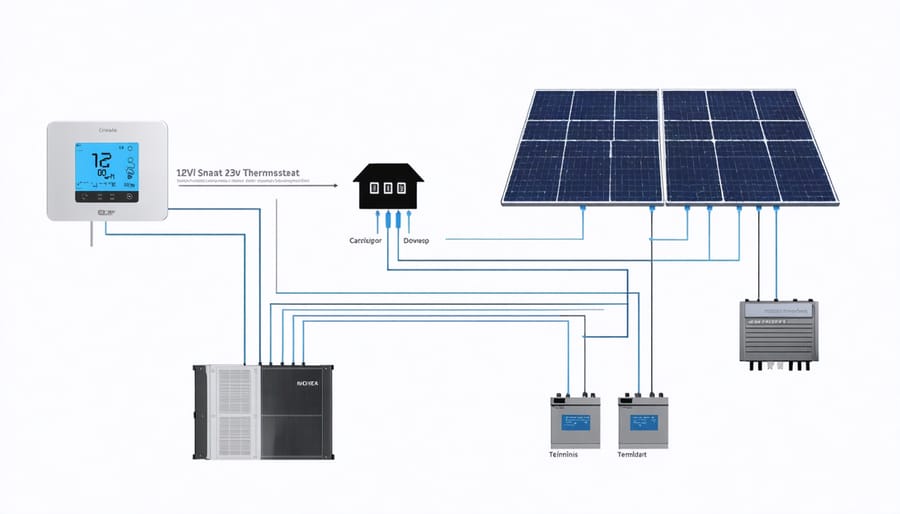 Technical diagram illustrating connection between 12V smart thermostat and solar power components