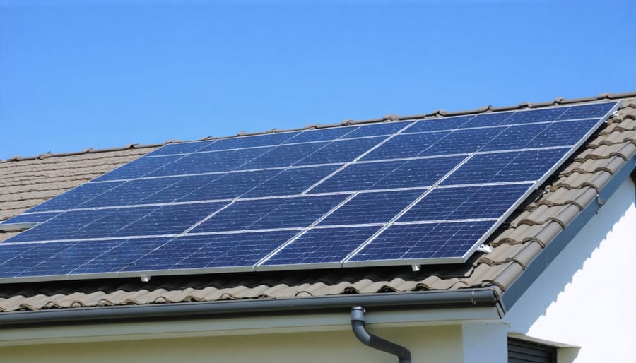 Aerial view of 20 solar panels installed on a modern residential roof