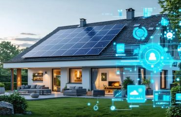 "Modern home with solar panels on the roof and a digital dashboard overlay showing real-time solar energy production and consumption metrics, symbolizing smart home energy management."