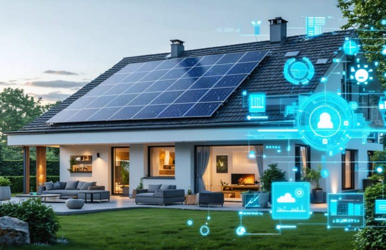 "Modern home with solar panels on the roof and a digital dashboard overlay showing real-time solar energy production and consumption metrics, symbolizing smart home energy management."