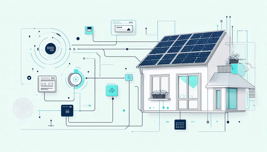 Digital illustration showing how AI manages solar energy flow in a smart home