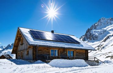 A modern cabin in a snowy mountain setting with solar panels on the roof, reflecting the sun's rays against a backdrop of clear blue skies and majestic peaks, showcasing the benefits of solar power in high-altitude climates.