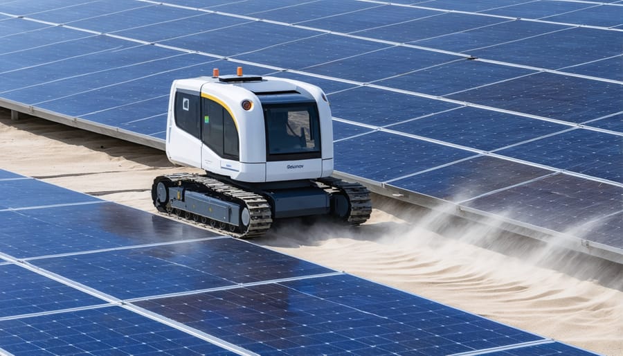 Robotic cleaning system in action on desert-mounted solar panels