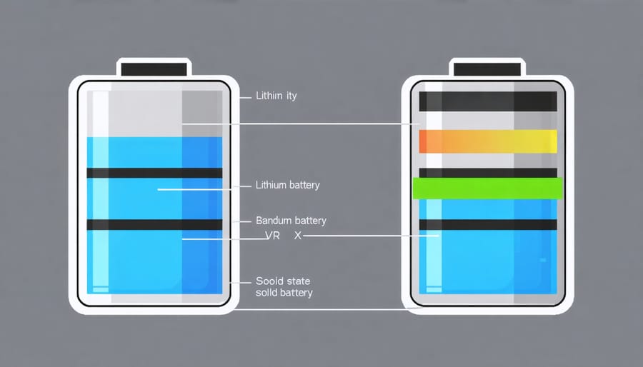 Side-by-side diagram showing the internal components of conventional lithium-ion and solid state batteries