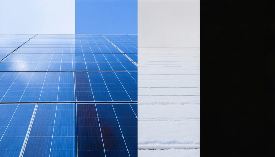 Side-by-side comparison showing energy production of standard and bifacial solar panels in snowy conditions