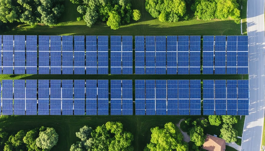 Large-scale community solar installation with residential area visible in background