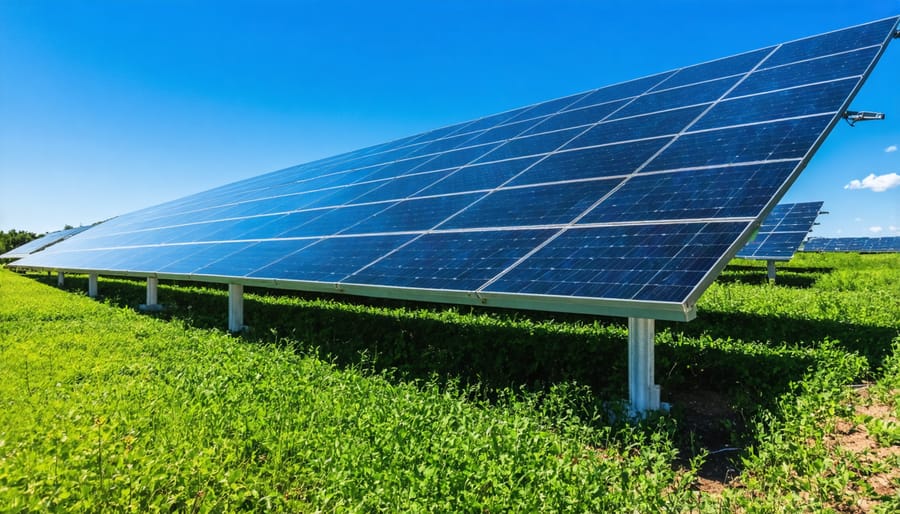 Aerial view of large solar panel array in grassy field near residential neighborhood