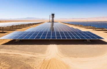 "A Concentrated Solar Power plant with a tall central tower and surrounding heliostat mirrors in a desert environment under bright sunlight."