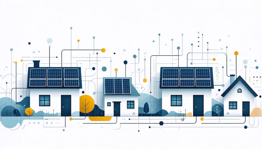 Network of connected homes with solar panels symbolizing community solar adoption