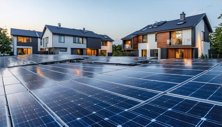 Aerial view of residential neighborhood with solar panels on multiple homes