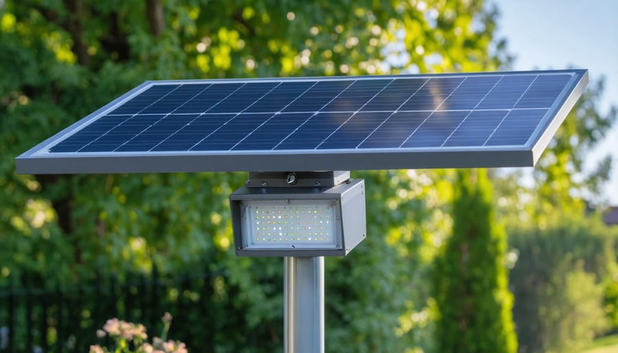 Modern solar light fixture mounted on stone pillar