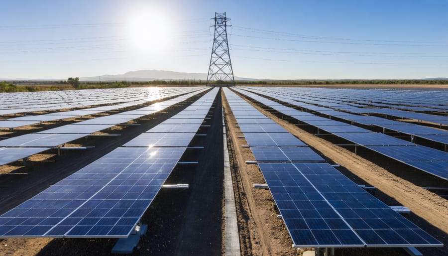 Aerial view of large solar mirror field with central collection tower during sunset