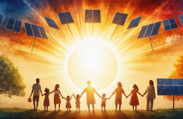 An abstract illustration showing diverse cultural symbols encircling a sun with solar panels, representing the collective influence of cultural values on solar energy adoption.