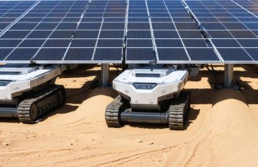 Advanced desert solar installations featuring sun-tracking and automated cleaning systems under harsh desert conditions, with a backdrop of arid landscape and intense sunlight.
