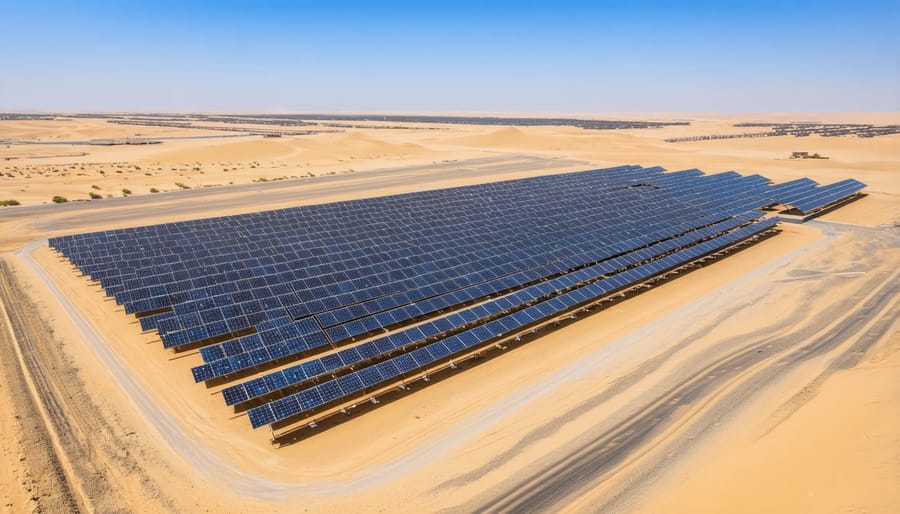 Aerial photograph of Dubai solar farm showcasing innovative cooling technology